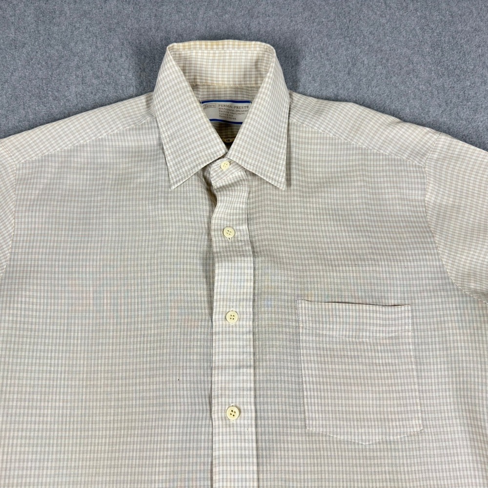 Vintage Sears Shirt‎ Mens 16 Cream Button Up Short Sleeve Perma Prest Gingham